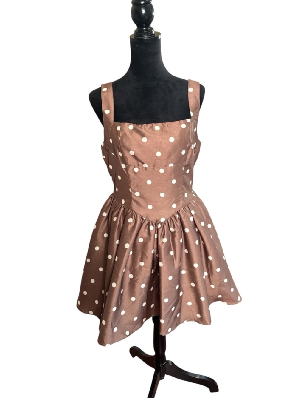 Mable Brown Polka Dot Mini Dress Size L Fit & Flare Cottagecore Old Money Style - Picture 2 of 9